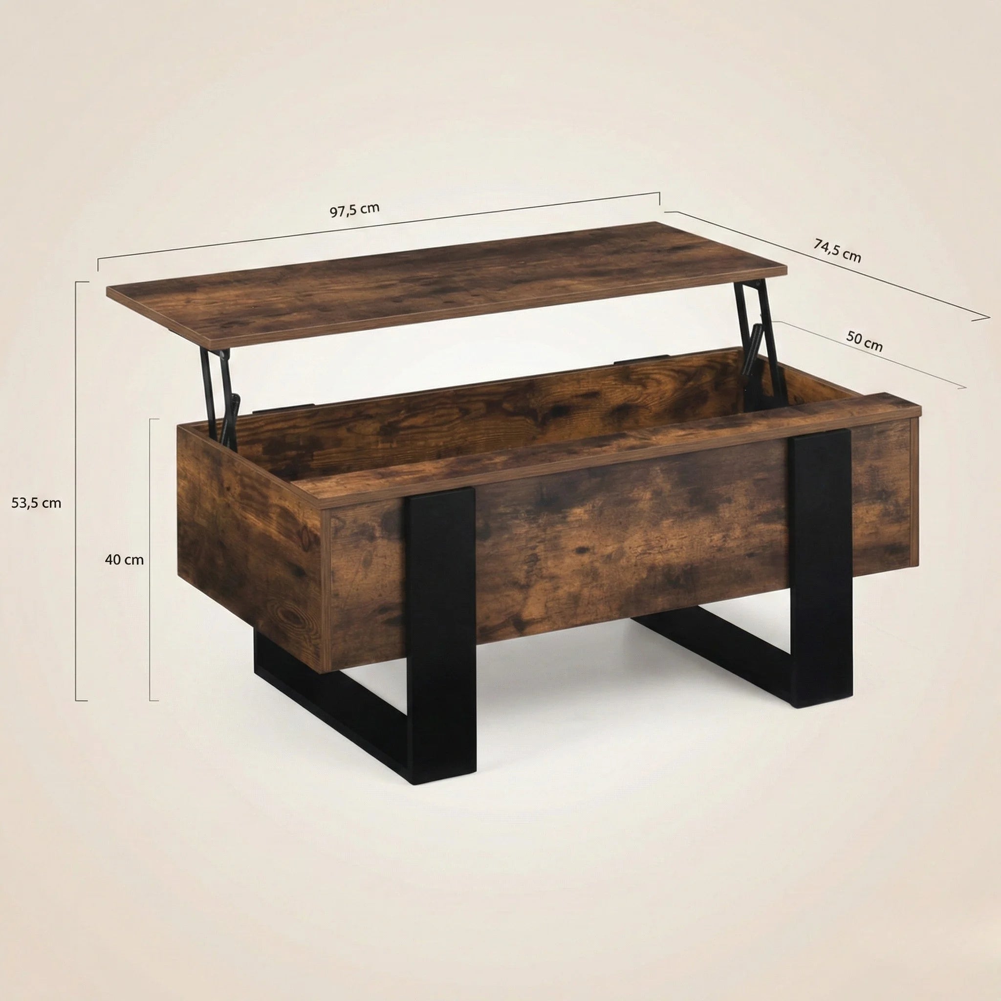 Table basse industrielle relevable avec rangement – Bois effet vieilli & noir moderne