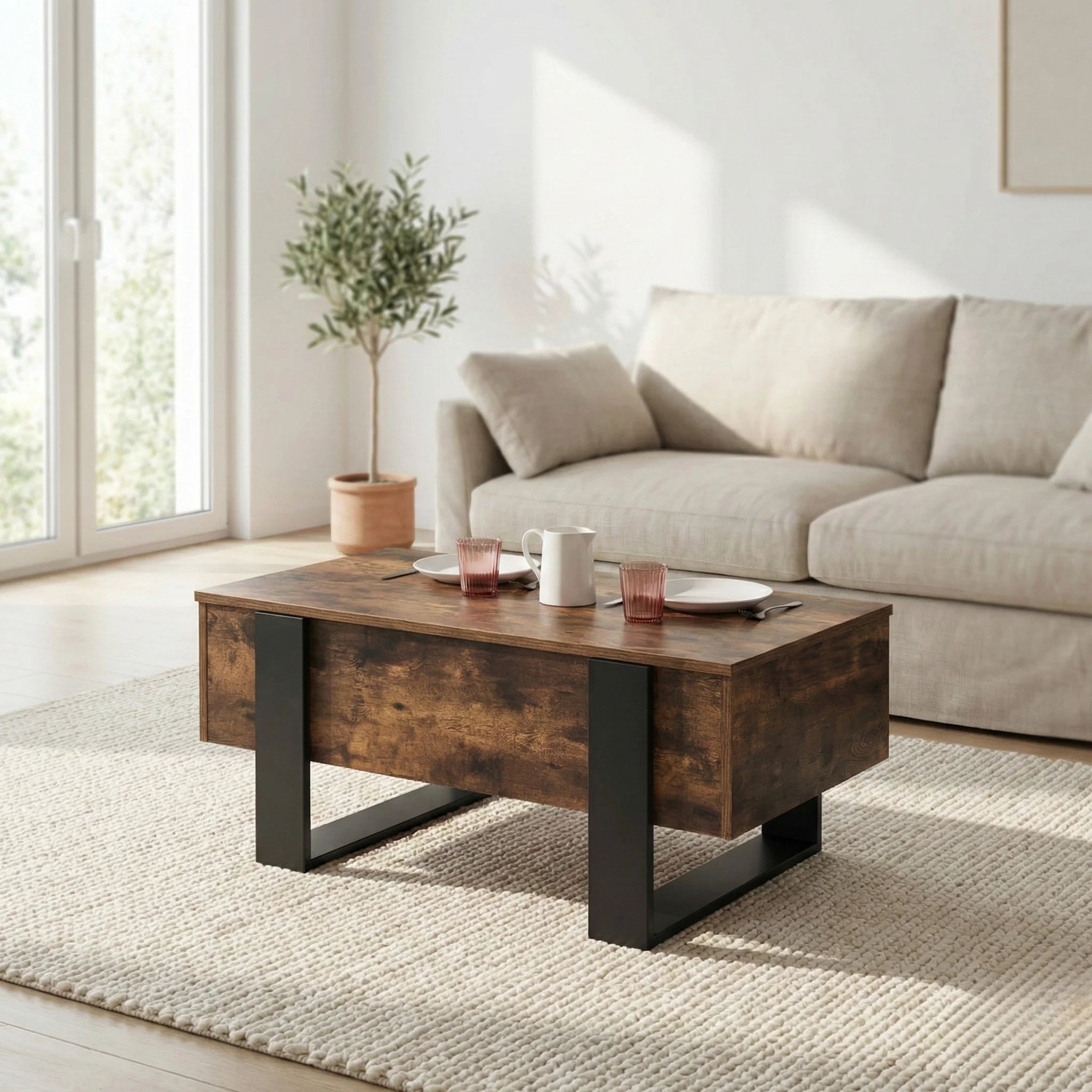 Table basse industrielle relevable avec rangement – Bois effet vieilli & noir moderne
