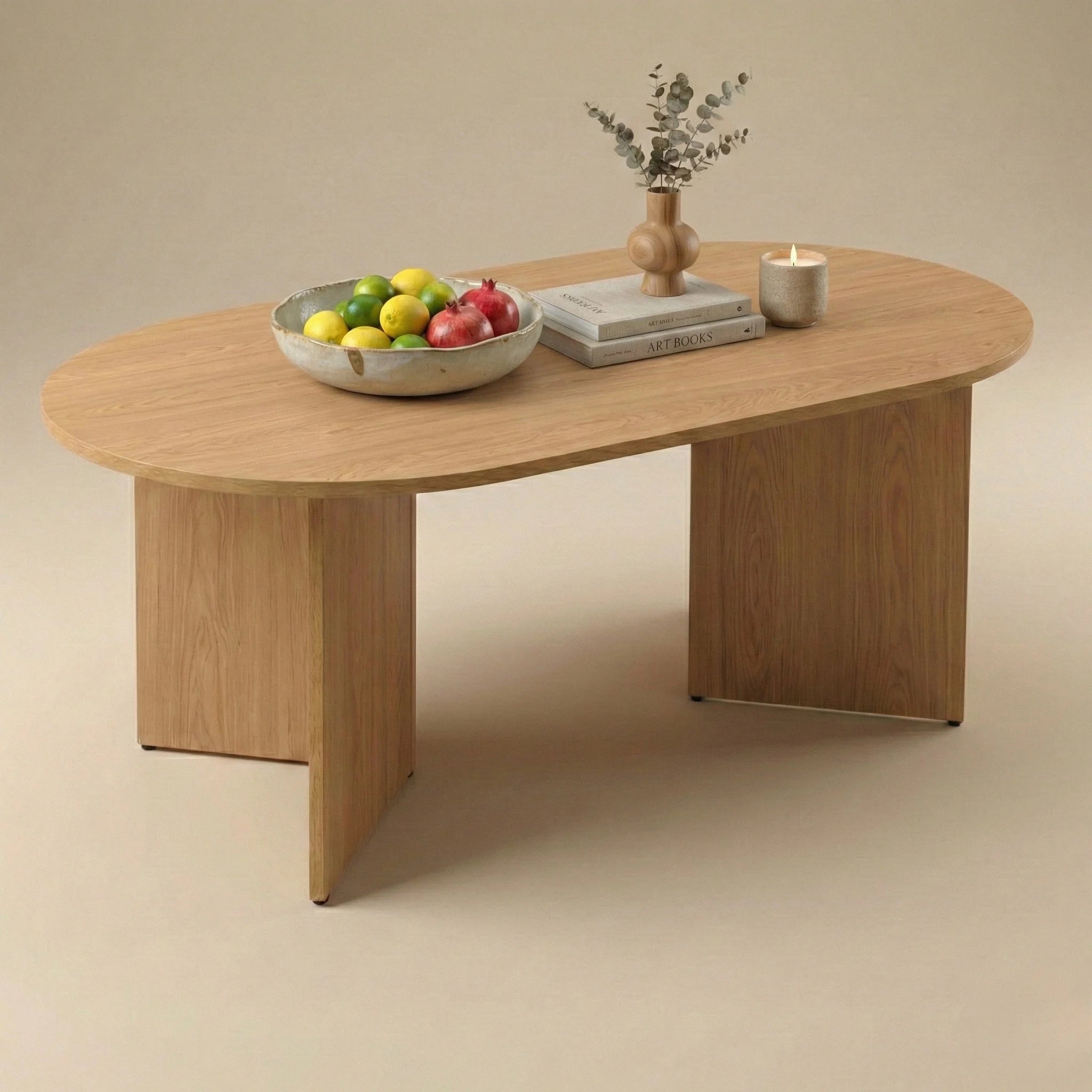 Table basse ovale design moderne – Bois clair effet hêtre 110 cm