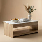 Table basse plateau relevable imitation hêtre et plateau blanc avec rangement 110 cm