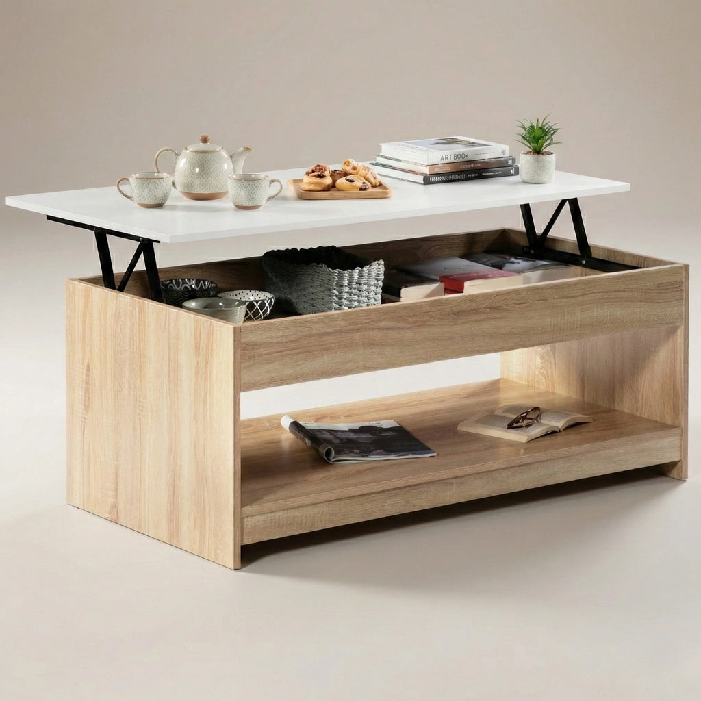 Table basse plateau relevable imitation hêtre et plateau blanc avec rangement 110 cm