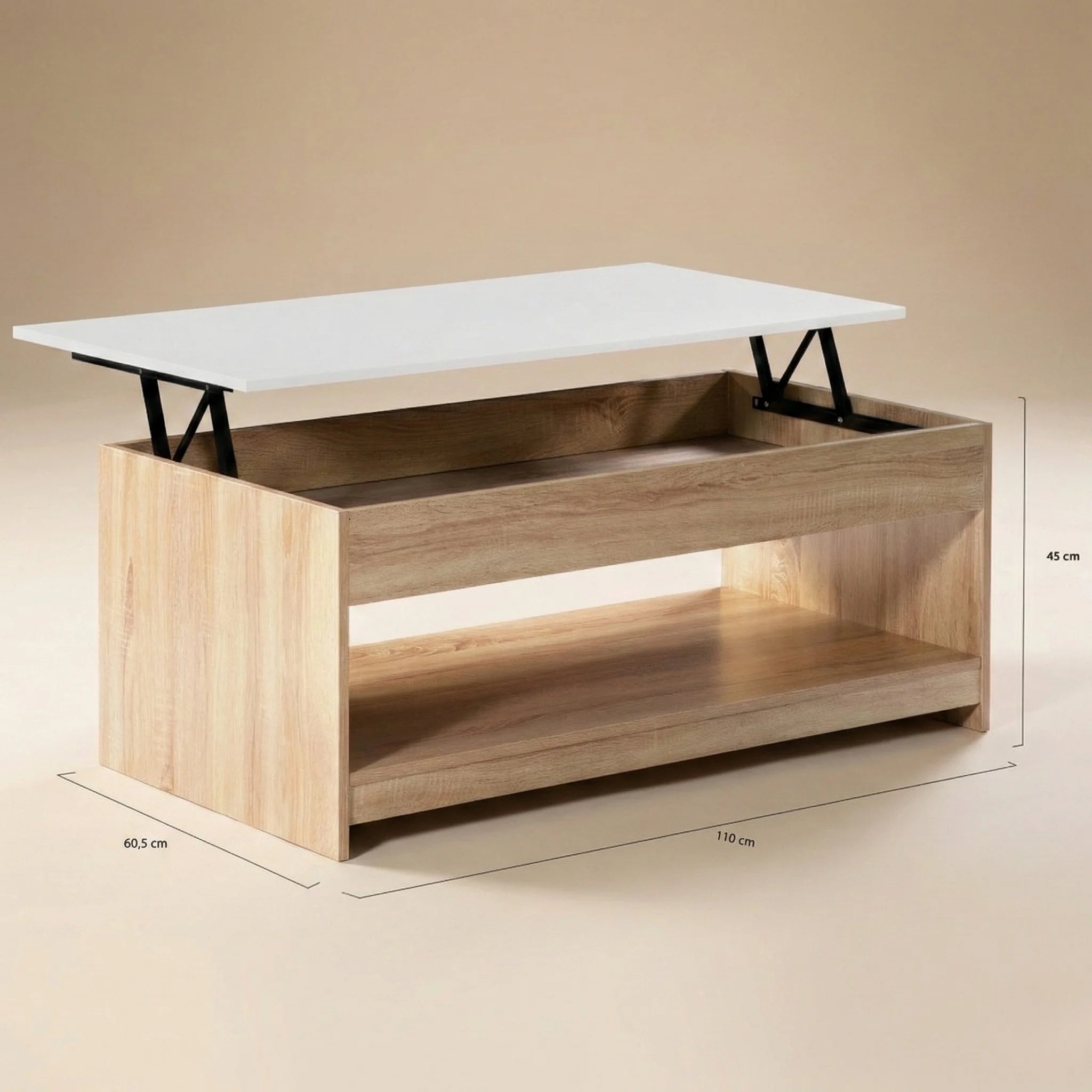 Table basse plateau relevable imitation hêtre et plateau blanc avec rangement 110 cm