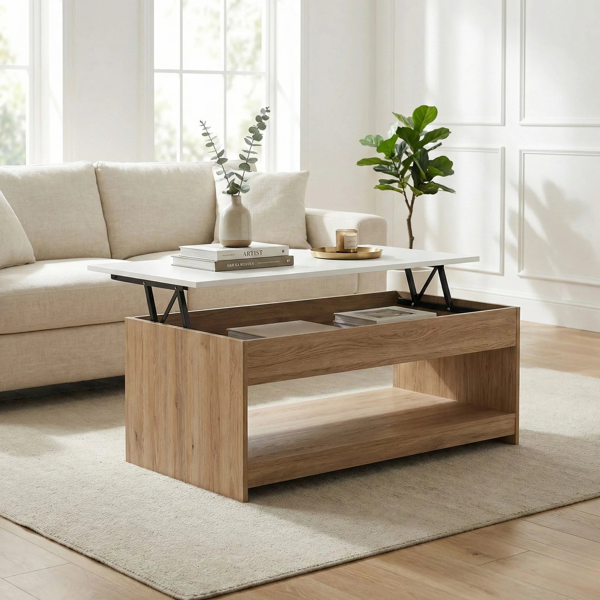 Table basse plateau relevable imitation hêtre et plateau blanc avec rangement 110 cm