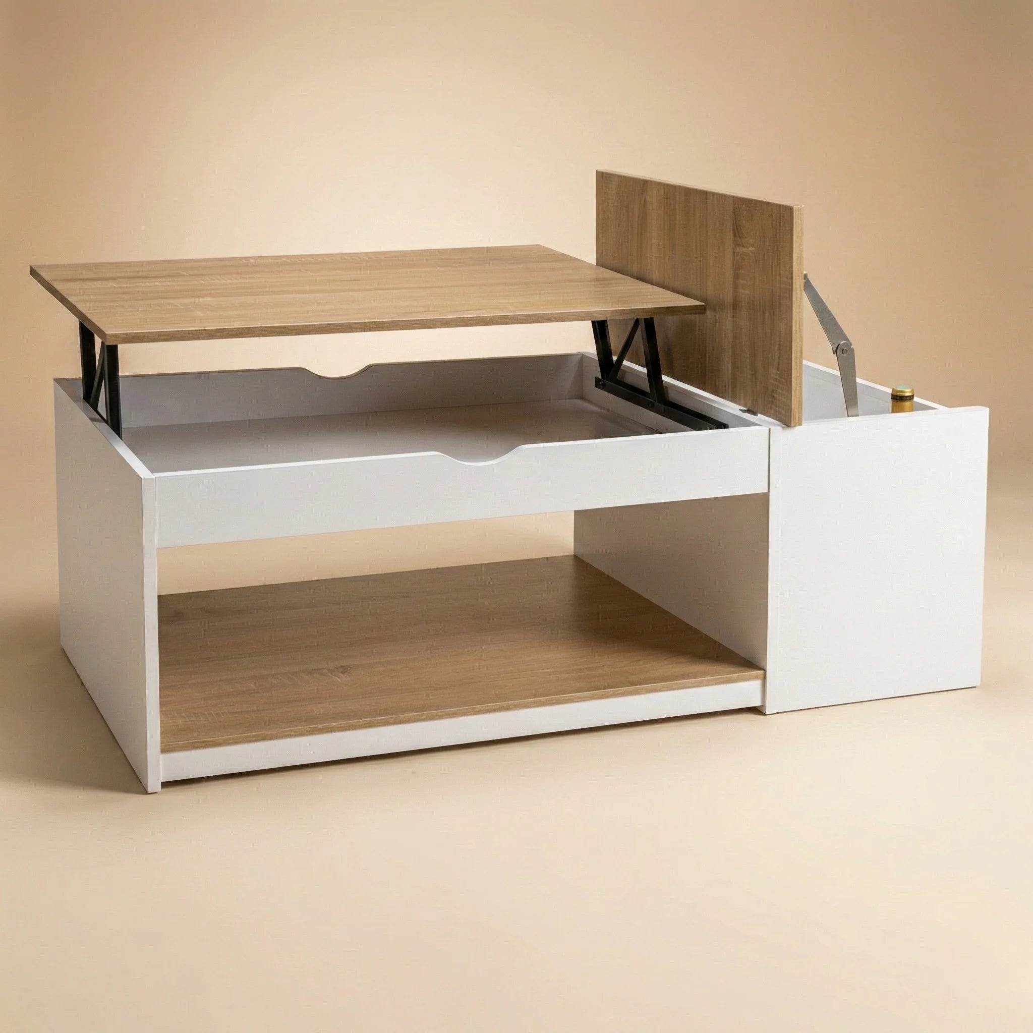 Table basse relevable avec coffre et étagère – Bois clair & blanc moderne 110 cm