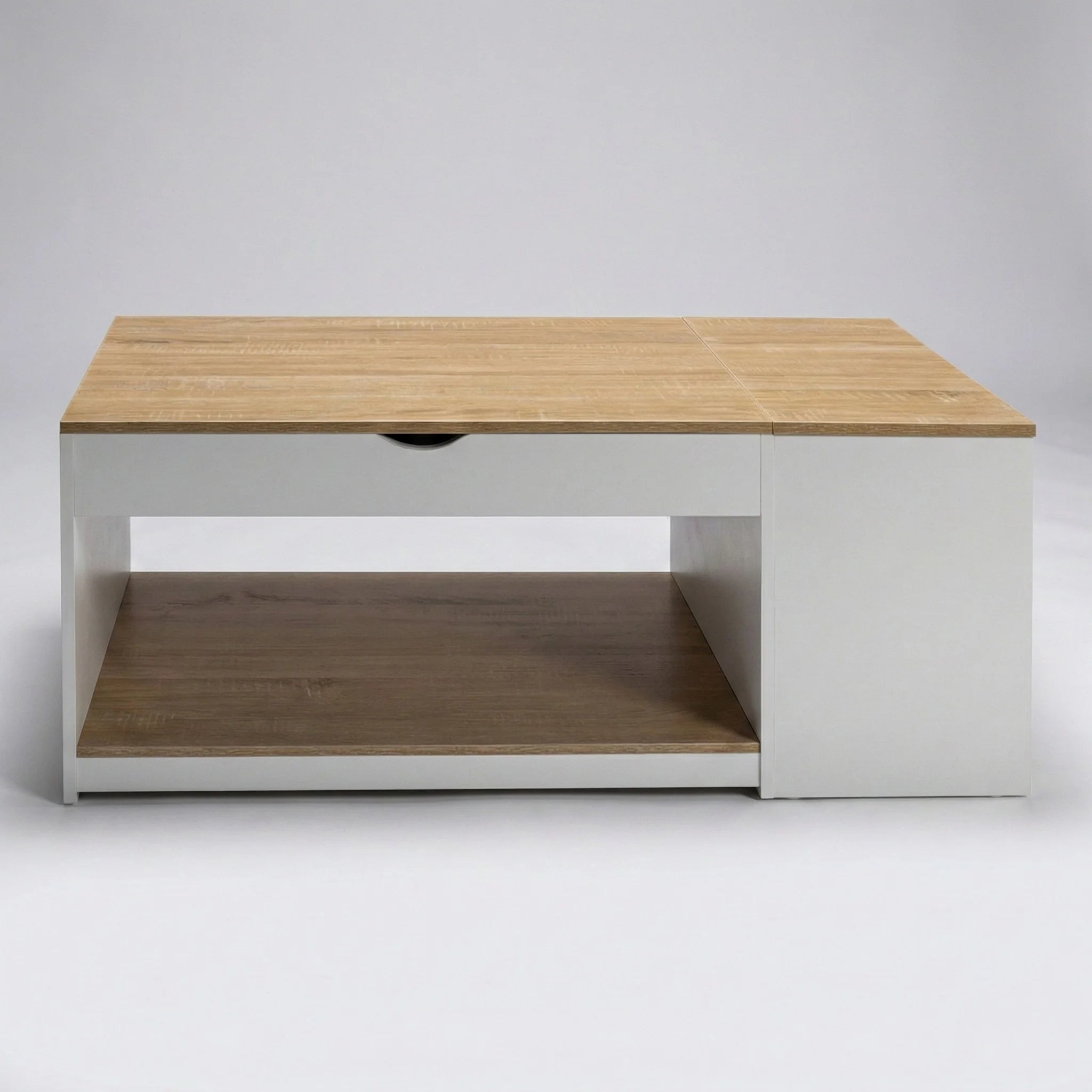 Table basse relevable avec coffre et étagère – Bois clair & blanc moderne 110 cm