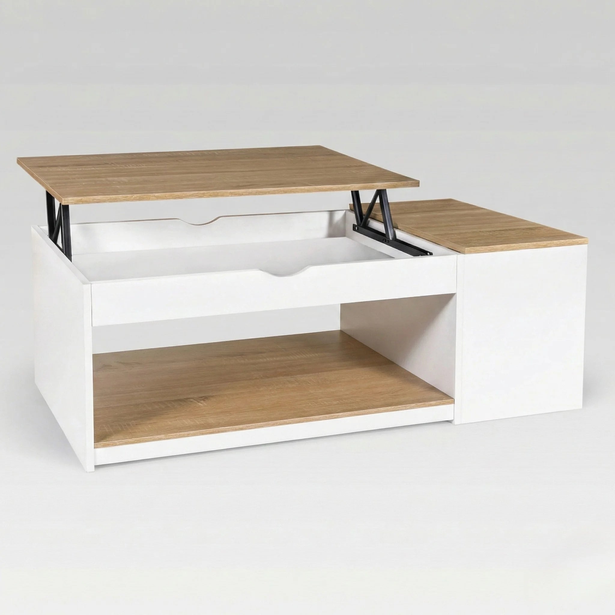 Table basse relevable avec coffre et étagère – Bois clair & blanc moderne 110 cm