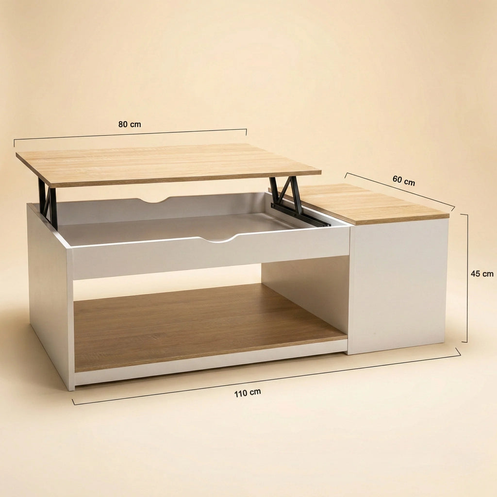 Table basse relevable avec coffre et étagère – Bois clair & blanc moderne 110 cm