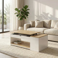 Table basse relevable avec coffre et étagère – Bois clair & blanc moderne 110 cm