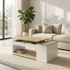 Table basse relevable avec coffre et étagère – Bois clair & blanc moderne 110 cm