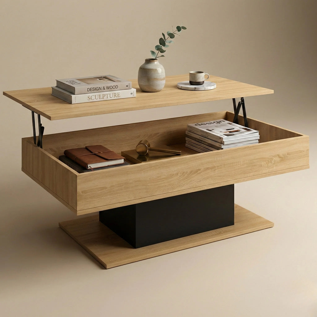 Table basse relevable rectangulaire avec rangement – Bois clair & pied noir moderne 110 cm