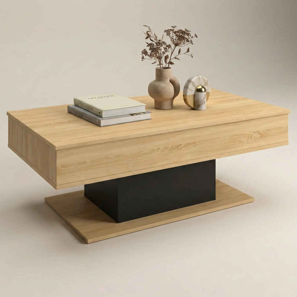 Table basse relevable rectangulaire avec rangement – Bois clair & pied noir moderne 110 cm