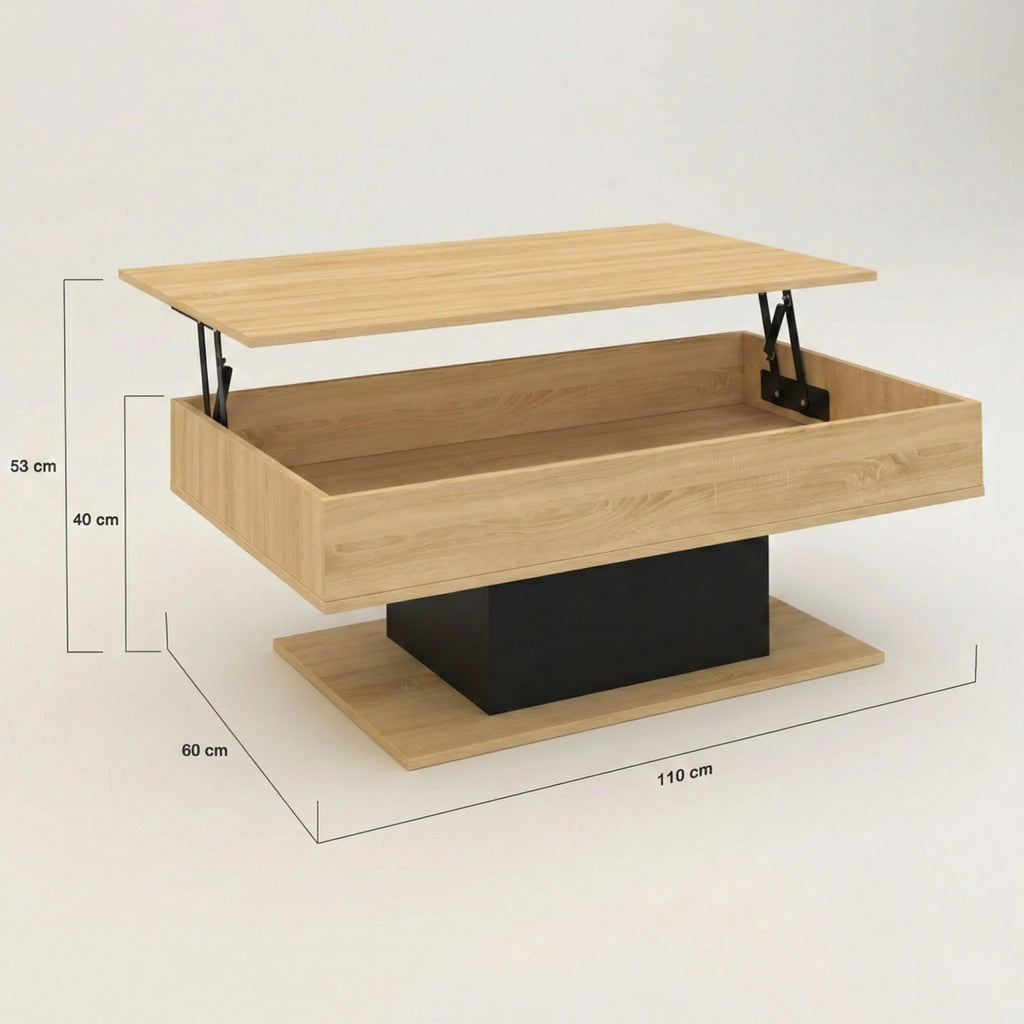 Table basse relevable rectangulaire avec rangement – Bois clair & pied noir moderne 110 cm