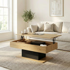 Table basse relevable rectangulaire avec rangement – Bois clair & pied noir moderne 110 cm
