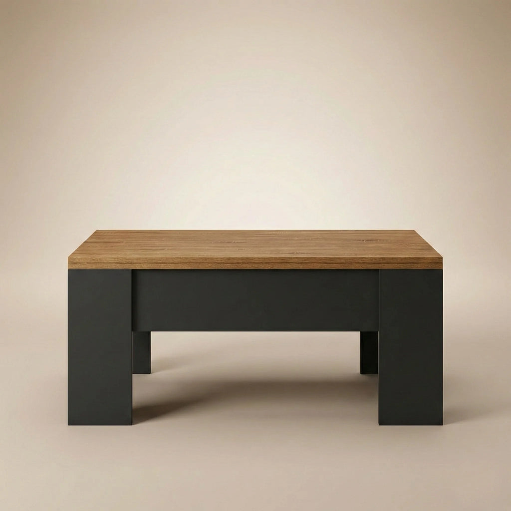 Table basse relevable rectangulaire convertible 100 cm – Bois clair & noir moderne