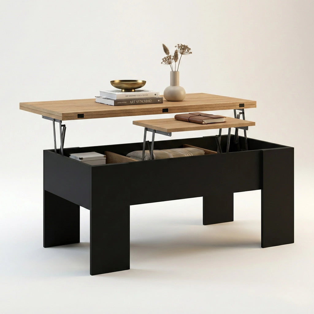 Table basse relevable rectangulaire convertible 100 cm – Bois clair & noir moderne