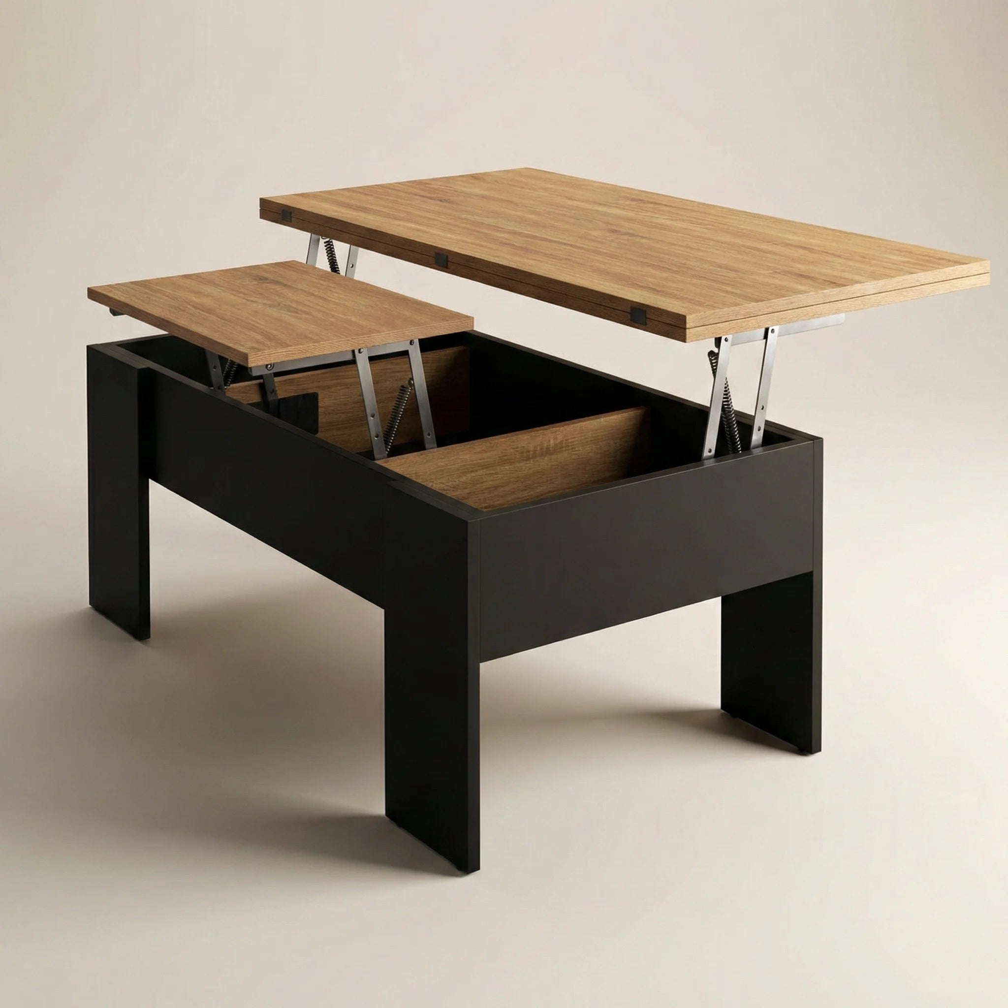 Table basse relevable rectangulaire convertible 100 cm – Bois clair & noir moderne