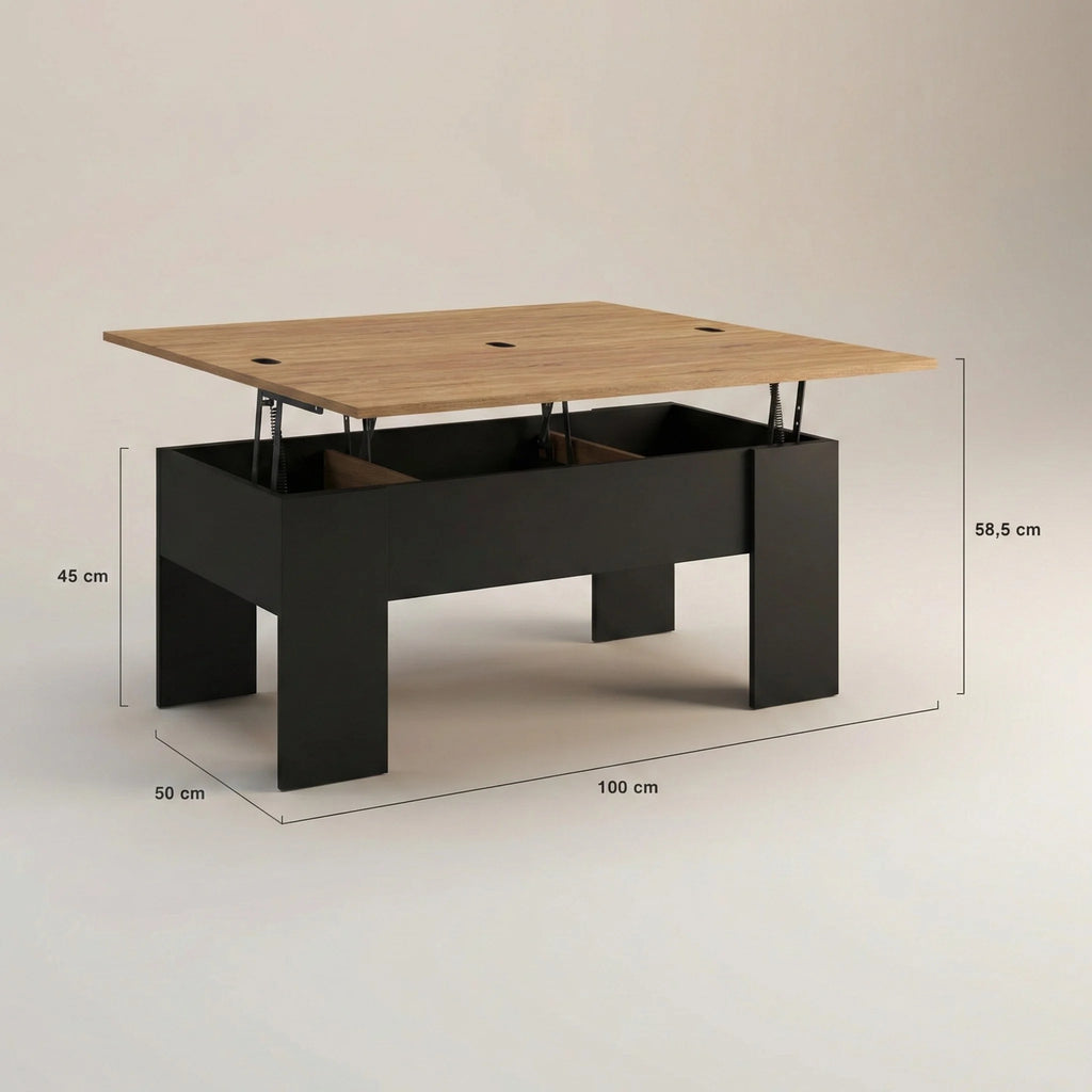 Table basse relevable rectangulaire convertible 100 cm – Bois clair & noir moderne
