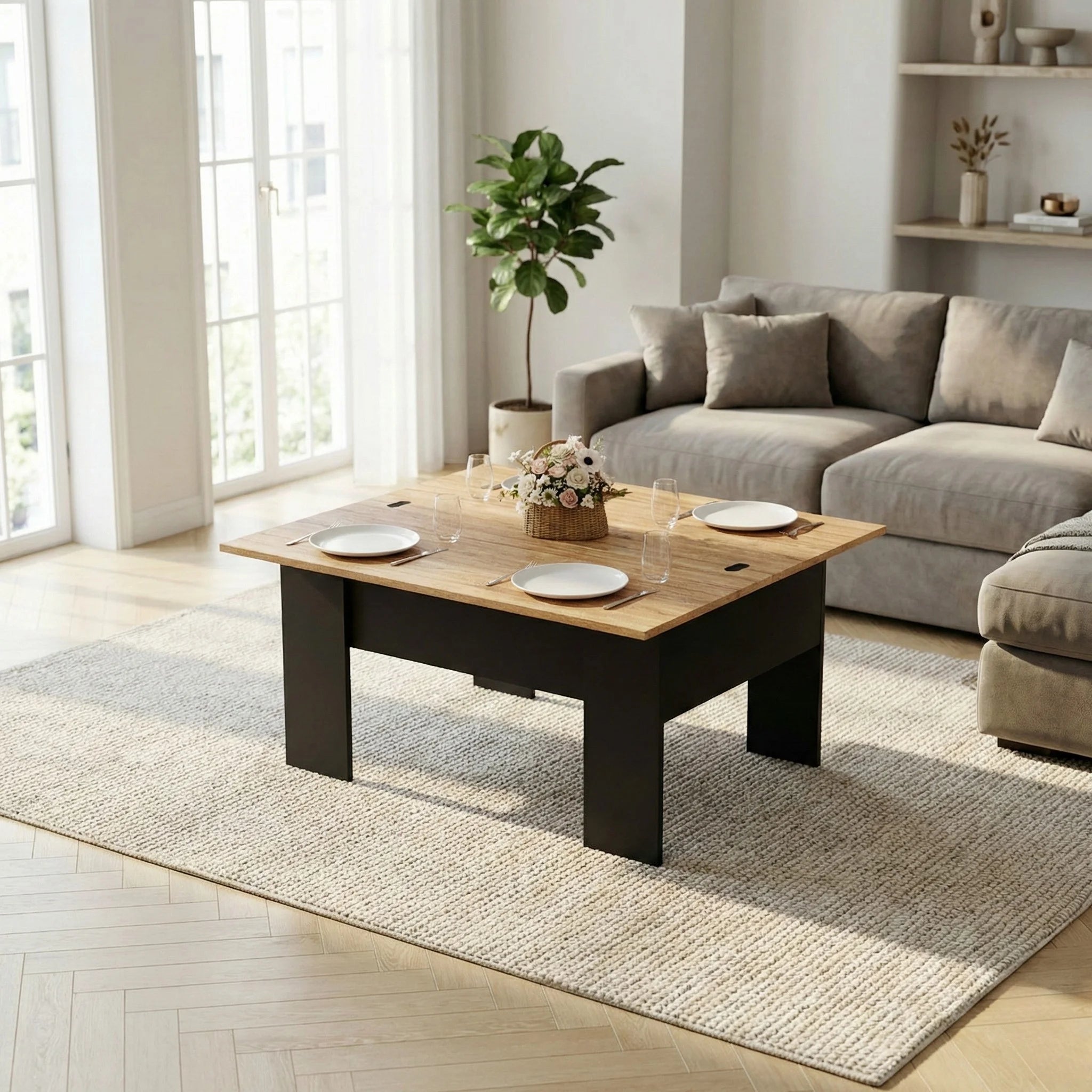 Table basse relevable rectangulaire convertible 100 cm – Bois clair & noir moderne