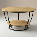 Table basse ronde industrielle double plateau – Bois clair et métal noir 70 cm