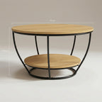Table basse ronde industrielle double plateau – Bois clair et métal noir 70 cm