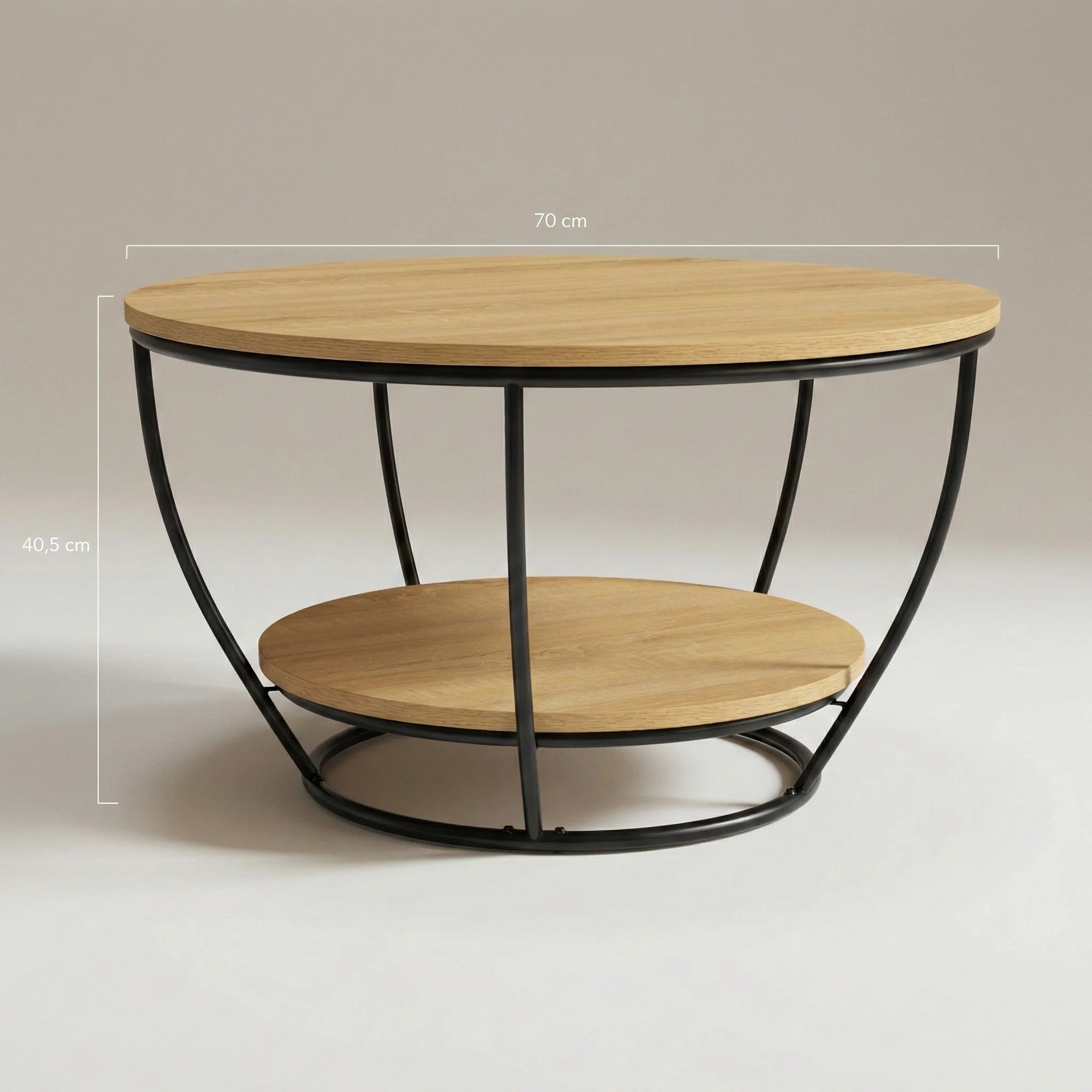 Table basse ronde industrielle double plateau – Bois clair et métal noir 70 cm