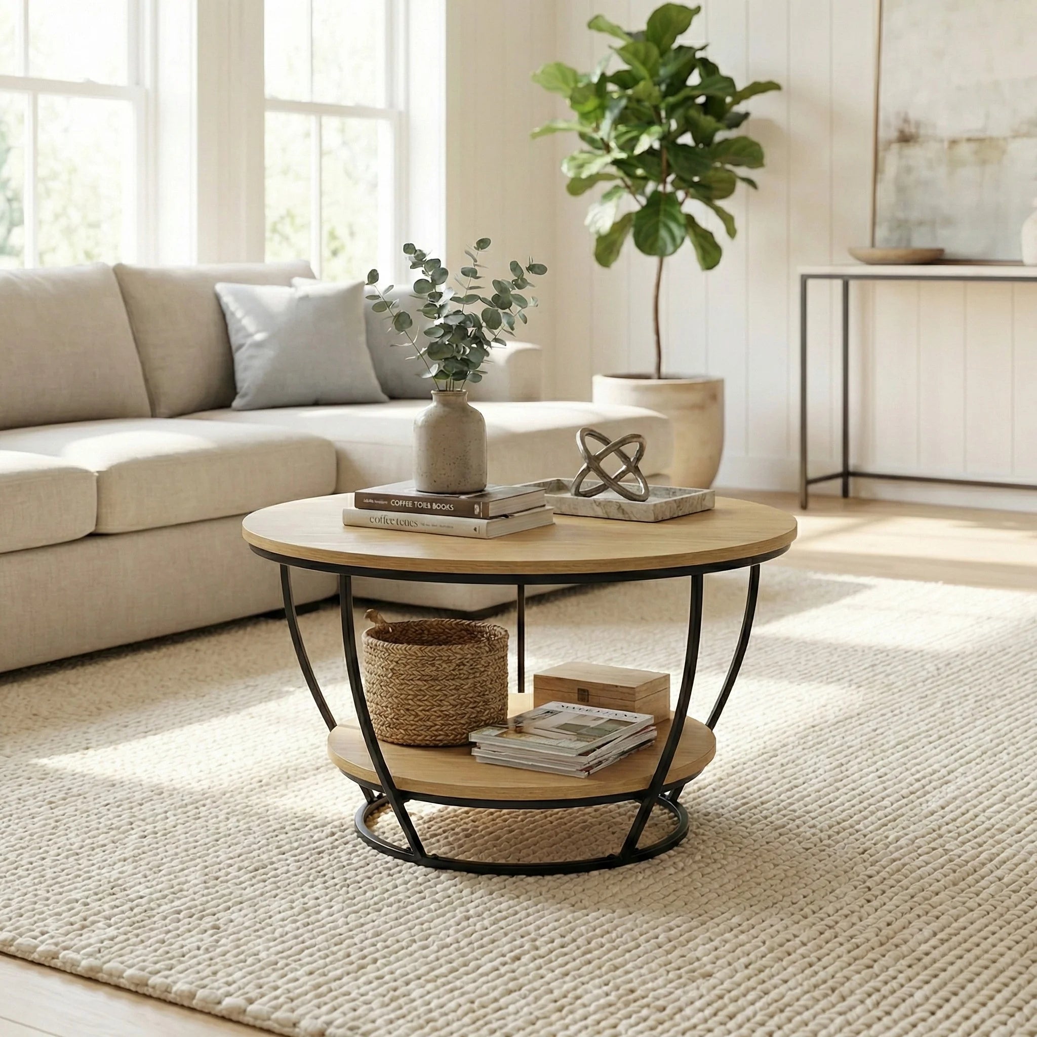 Table basse ronde industrielle double plateau – Bois clair et métal noir 70 cm