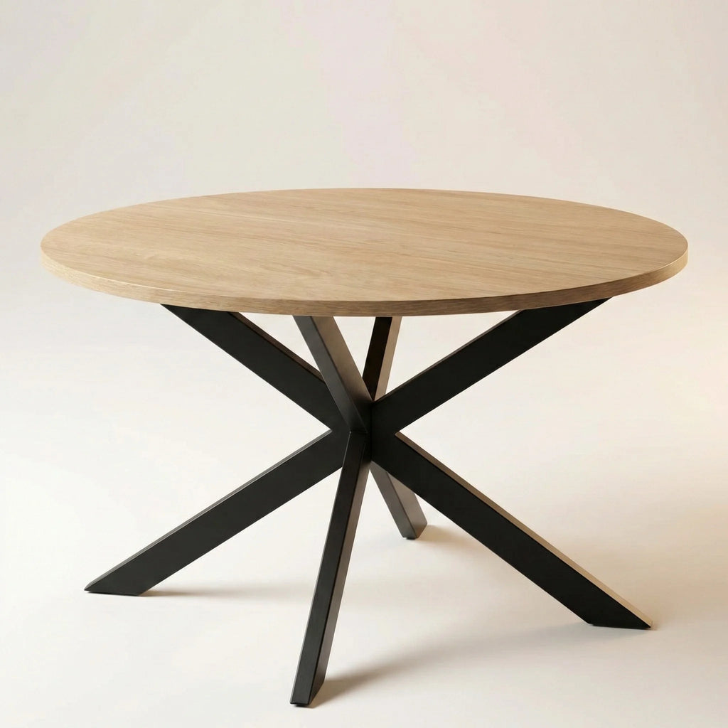 Table basse ronde industrielle pied araignée – Bois clair et métal noir 70 cm