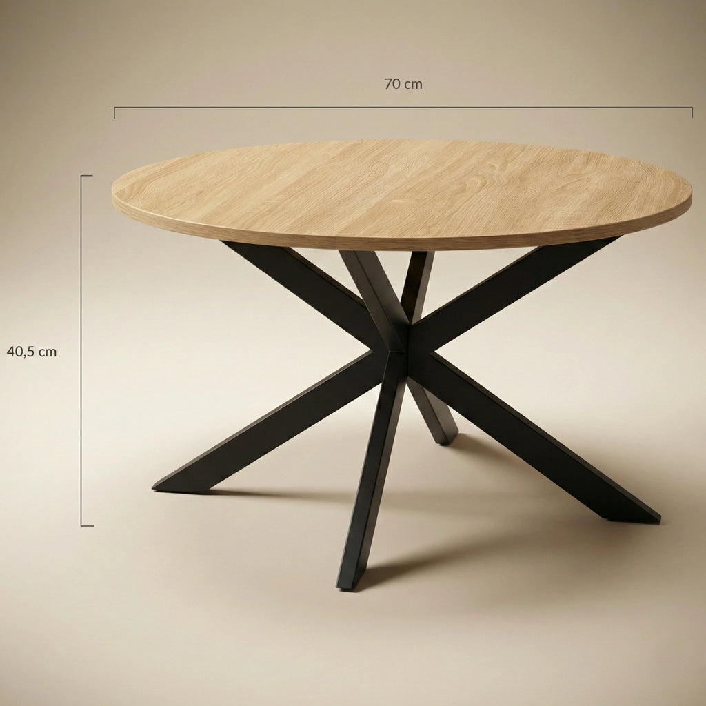 Table basse ronde industrielle pied araignée – Bois clair et métal noir 70 cm