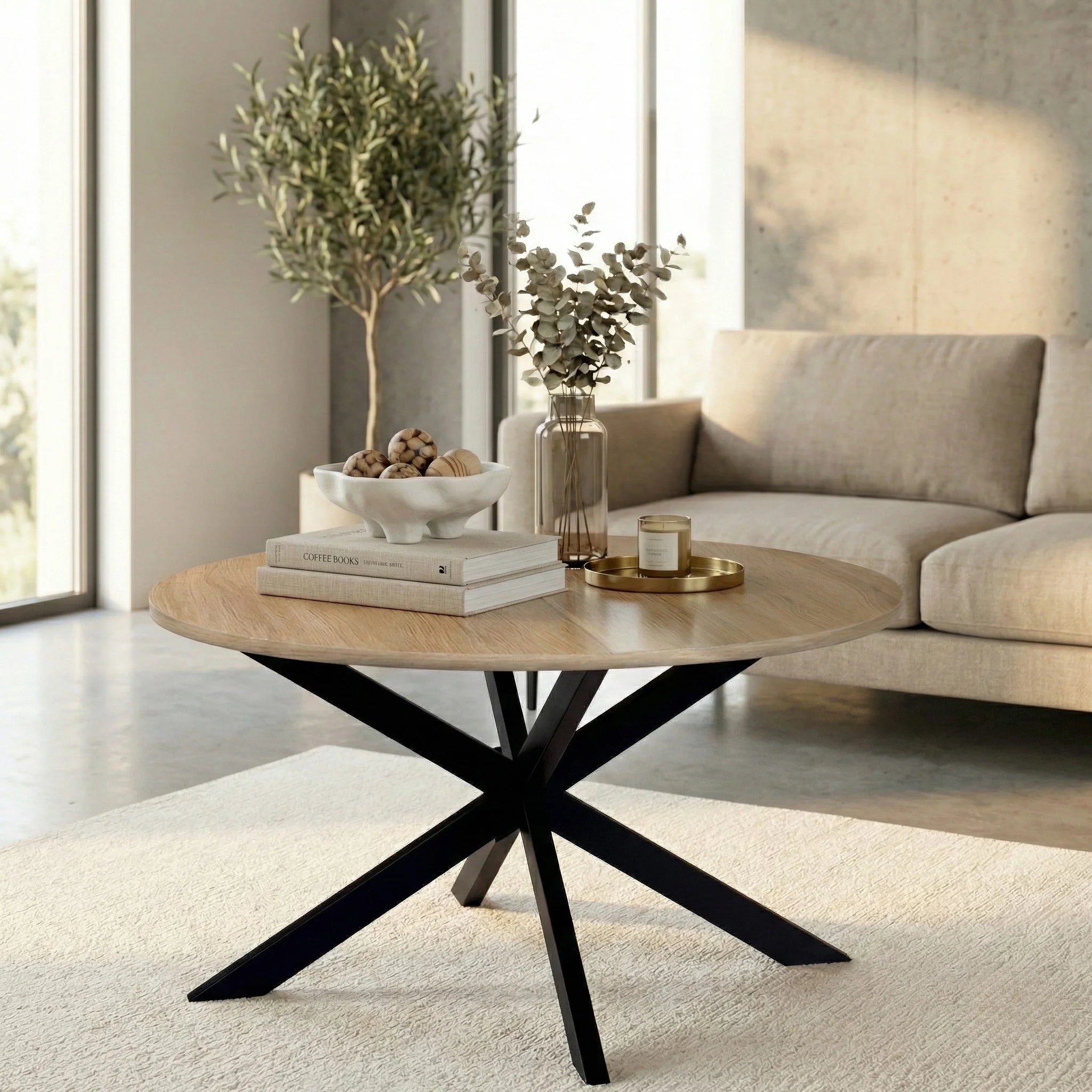 Table basse ronde industrielle pied araignée – Bois clair et métal noir 70 cm