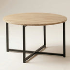 Table basse ronde industrielle – Plateau bois clair & pieds métal noir 70 cm