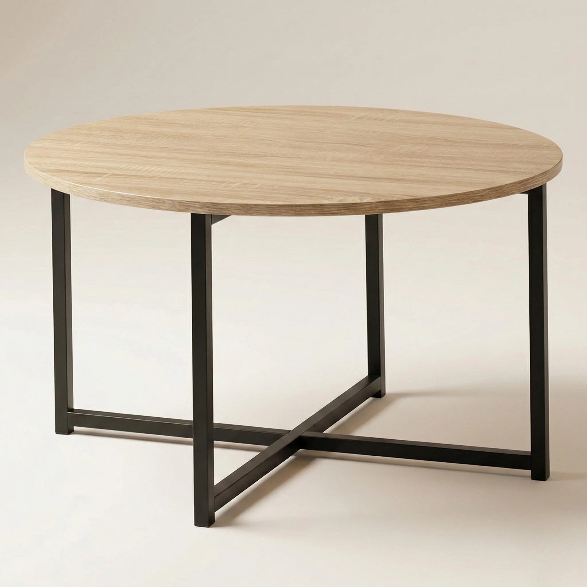 Table basse ronde industrielle – Plateau bois clair & pieds métal noir 70 cm