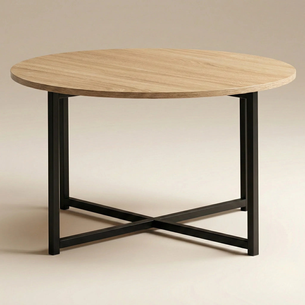Table basse ronde industrielle – Plateau bois clair & pieds métal noir 70 cm