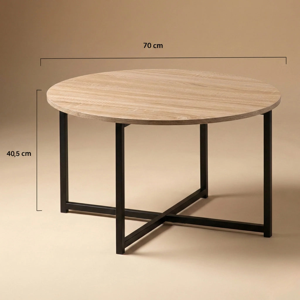 Table basse ronde industrielle – Plateau bois clair & pieds métal noir 70 cm