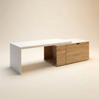 Table basse rotative extensible avec coffre – Bois clair et blanc 360° 146 cm