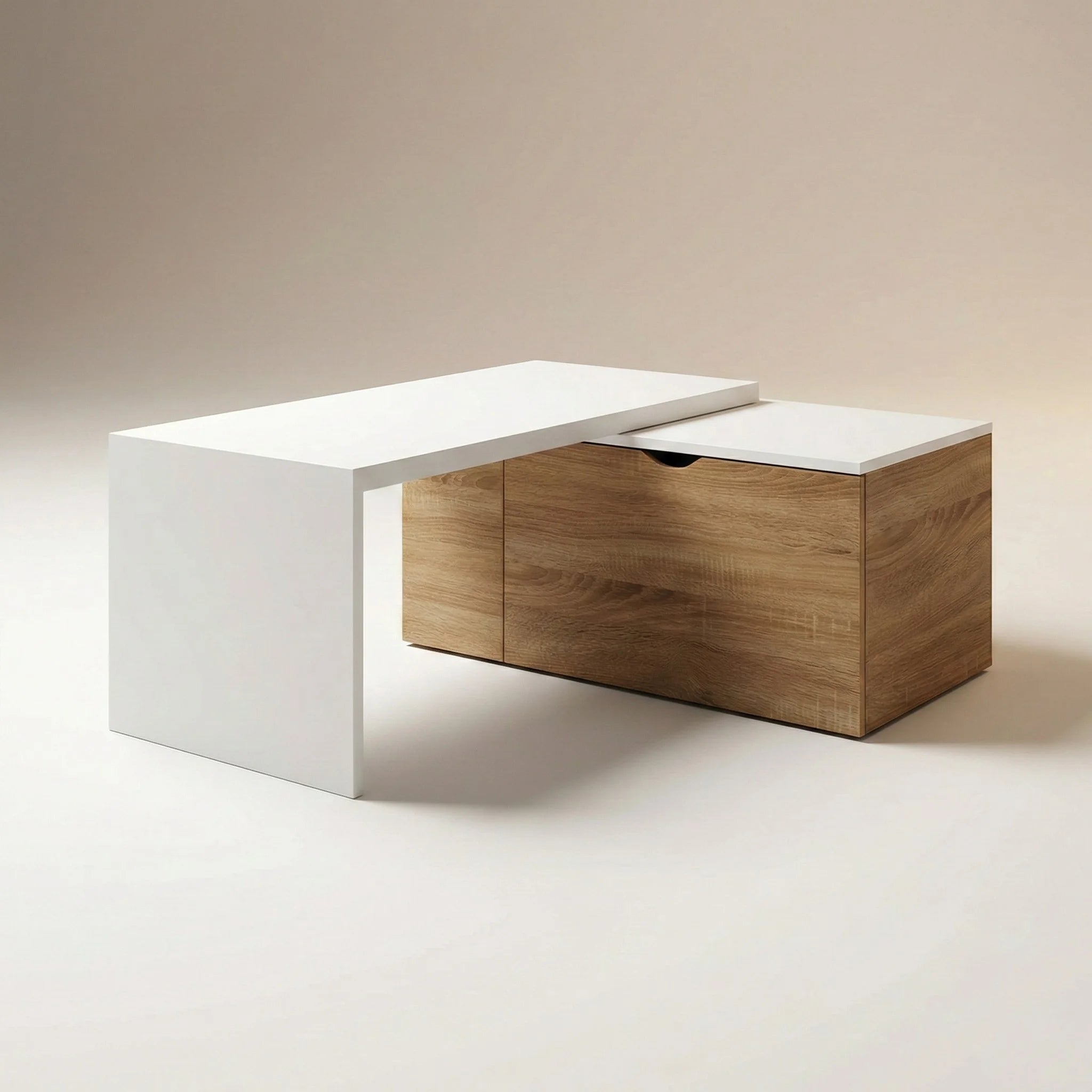 Table basse rotative extensible avec coffre – Bois clair et blanc 360° 146 cm