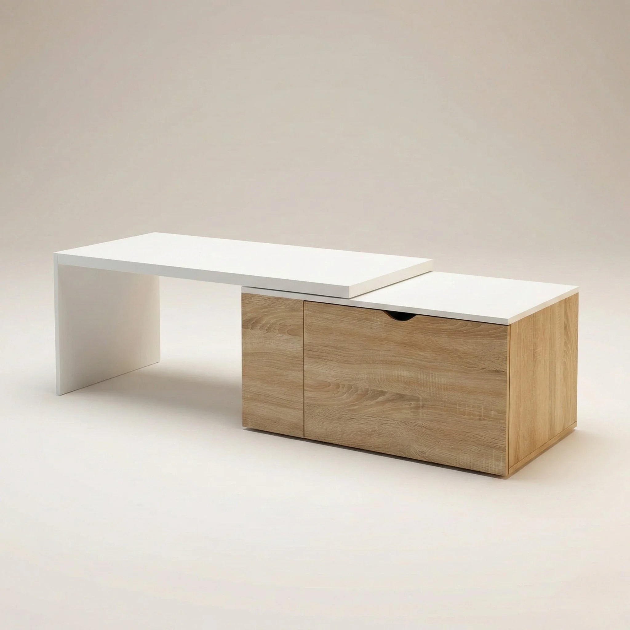 Table basse rotative extensible avec coffre – Bois clair et blanc 360° 146 cm