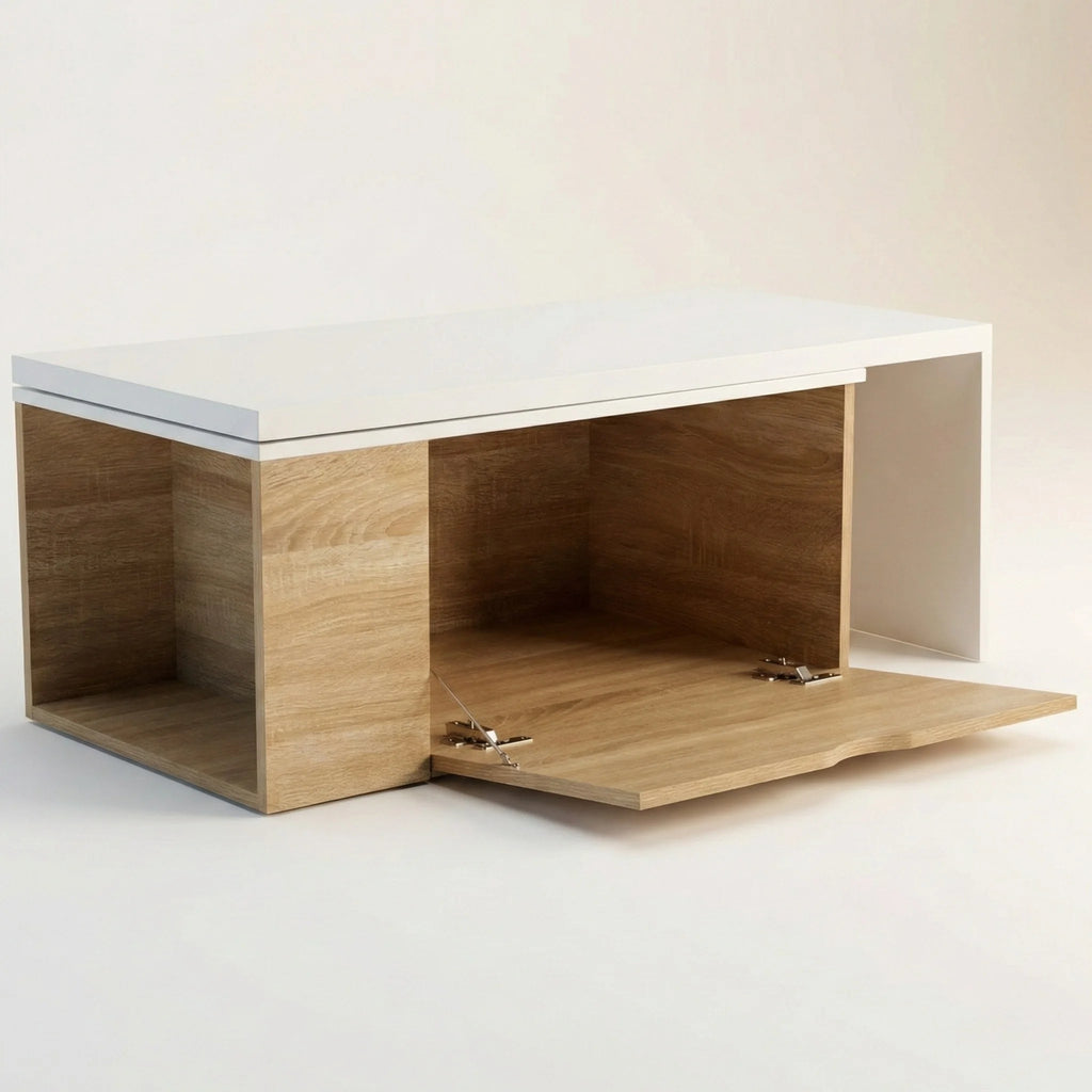 Table basse rotative extensible avec coffre – Bois clair et blanc 360° 146 cm