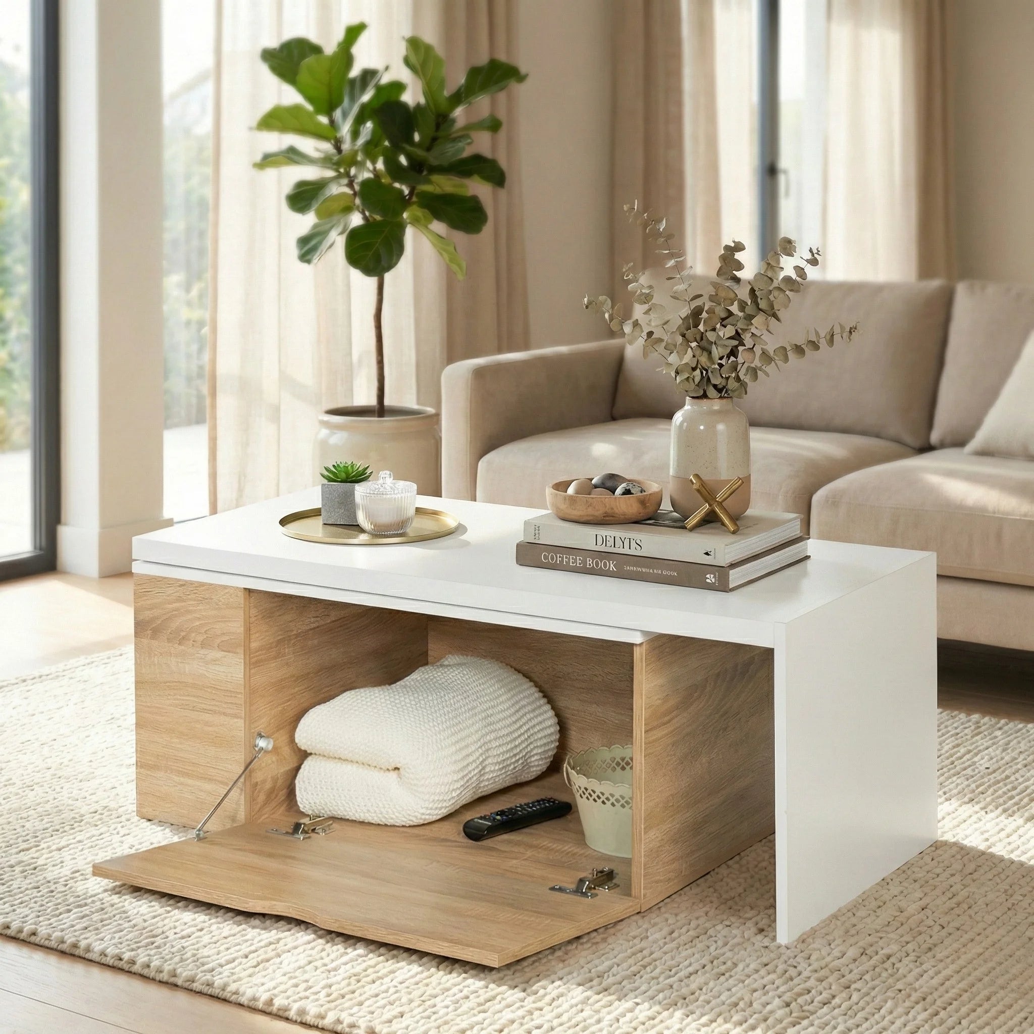 Table basse rotative extensible avec coffre – Bois clair et blanc 360° 146 cm
