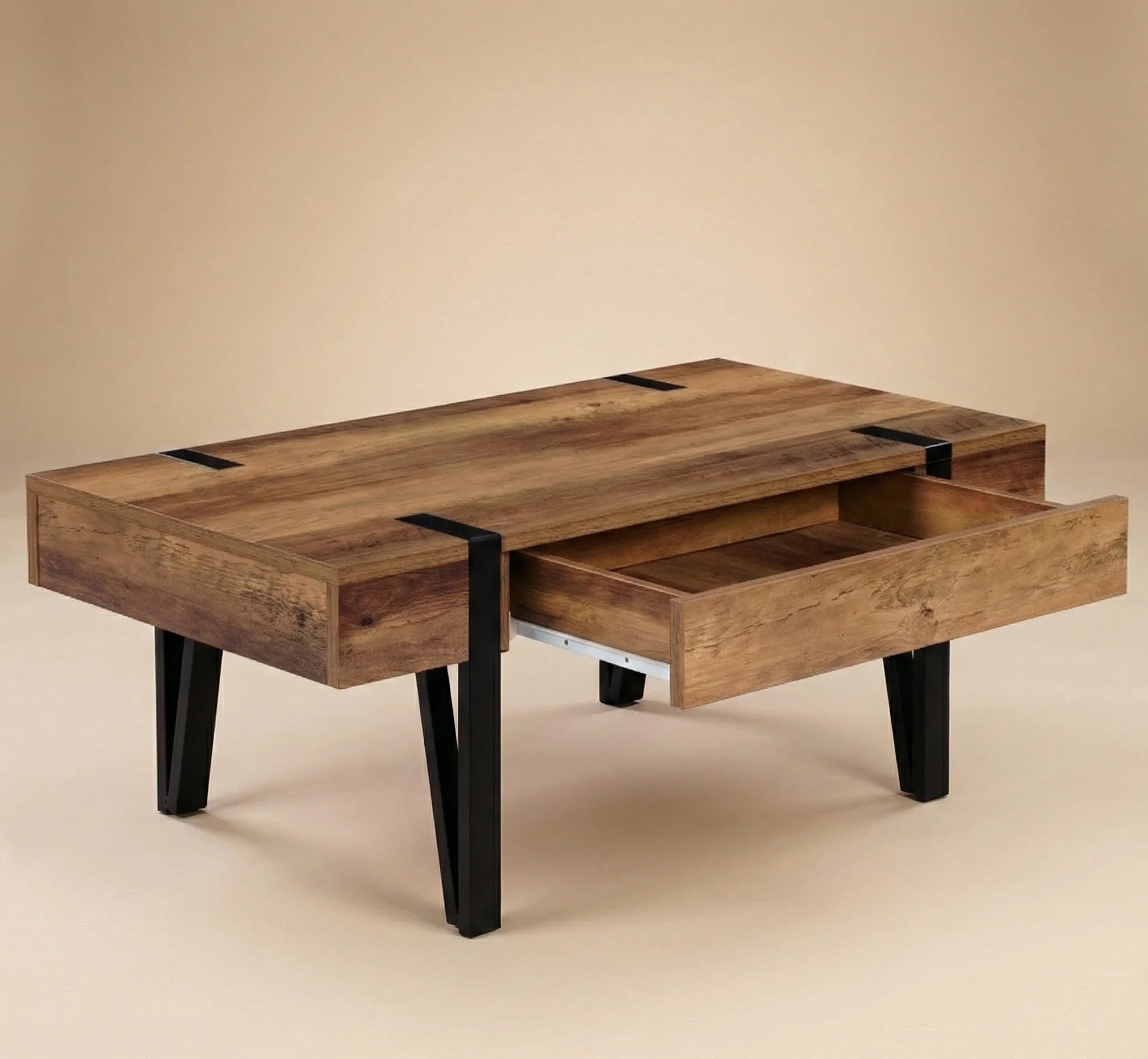 Table Basse Scandinave Bois avec Tiroir – Pieds Épingle Métal – Style Nordique