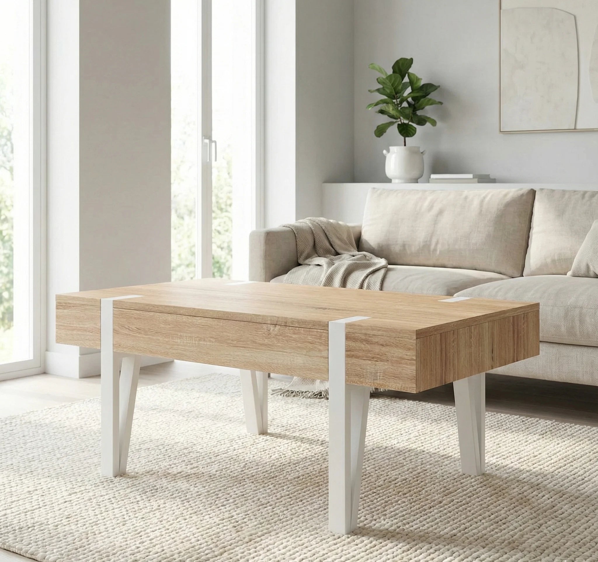Table Basse Scandinave Bois avec Tiroir – Pieds Épingle Métal – Style Nordique