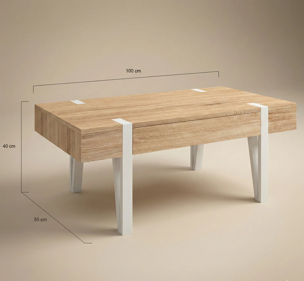 Table Basse Scandinave Bois avec Tiroir – Pieds Épingle Métal – Style Nordique