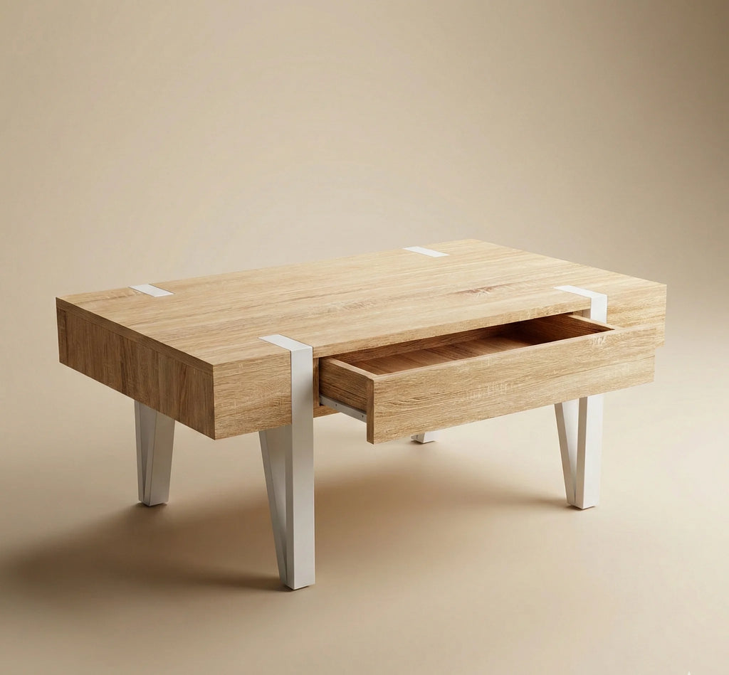 Table Basse Scandinave Bois avec Tiroir – Pieds Épingle Métal – Style Nordique