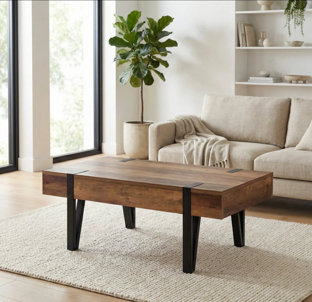 Table Basse Scandinave Bois avec Tiroir – Pieds Épingle Métal – Style Nordique