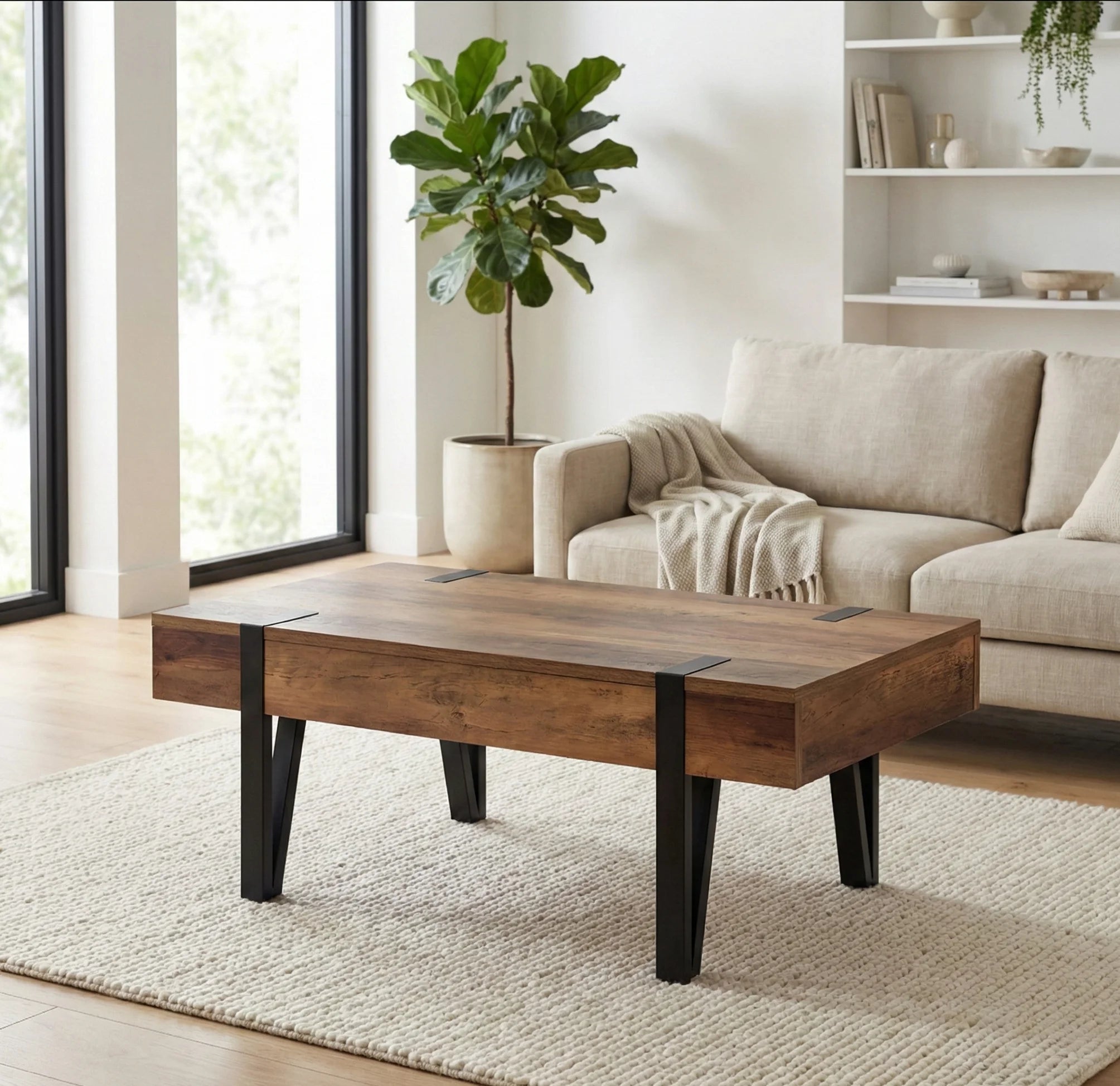 Table Basse Scandinave Bois avec Tiroir – Pieds Épingle Métal – Style Nordique
